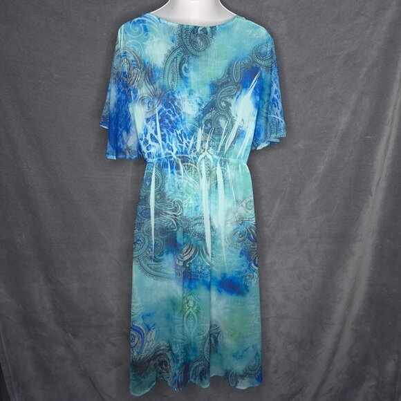 Catherines Dress 2X Blue Paisley Rhinestone Studded Neckline Flutter Sleeves - Picture 4 of 5